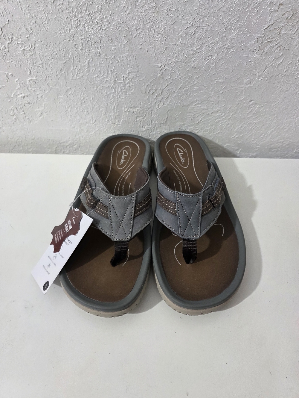 Clarks Men's Wesley Sun Gray Blue Leather Adjustable Flip Flops Sandals Size 8